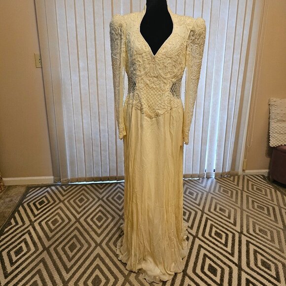 Vintage 80's Claires Collection Beige Wedding Dress 14/16 - Picture 1 of 16